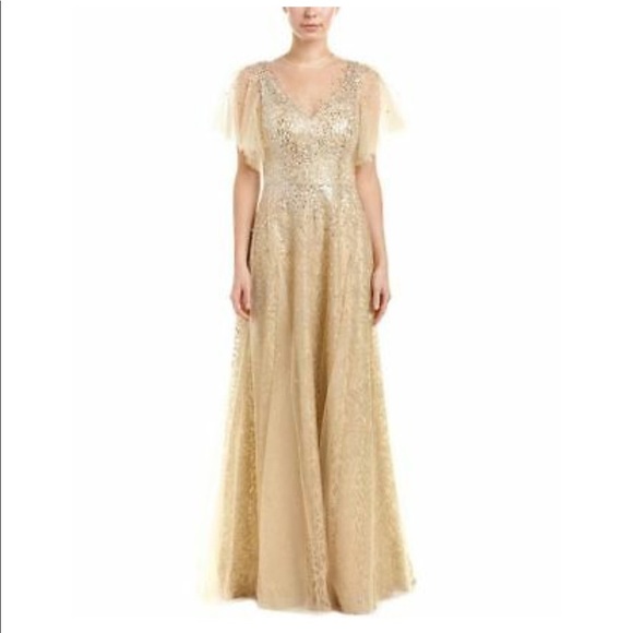 NWT Teri Jon Long Illusion Overlay Gold Gown Sz4 - Picture 1 of 8
